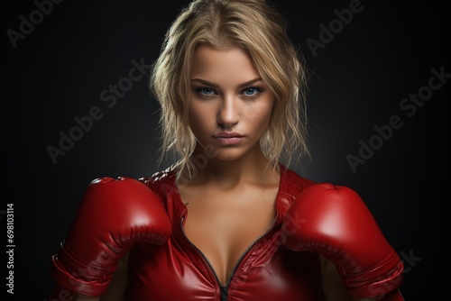 Gorgeous hot blonde in red leather jacket and red boxing gloves on a dark background