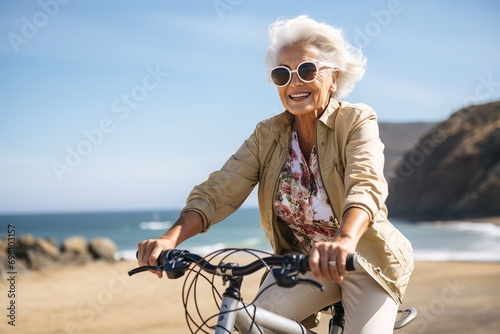 Elderly happy smiling woman in sunglasses riding bicycle at a seashore on blurred nature background