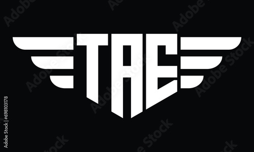 TAE three letter logo, creative wings shape logo design vector template. letter mark, word mark, monogram symbol on black & white.	 photo