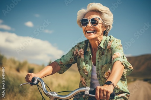 Elderly happy smiling woman in sunglasses riding bicycle near mountains on blurred nature background © Маргарита Вайс