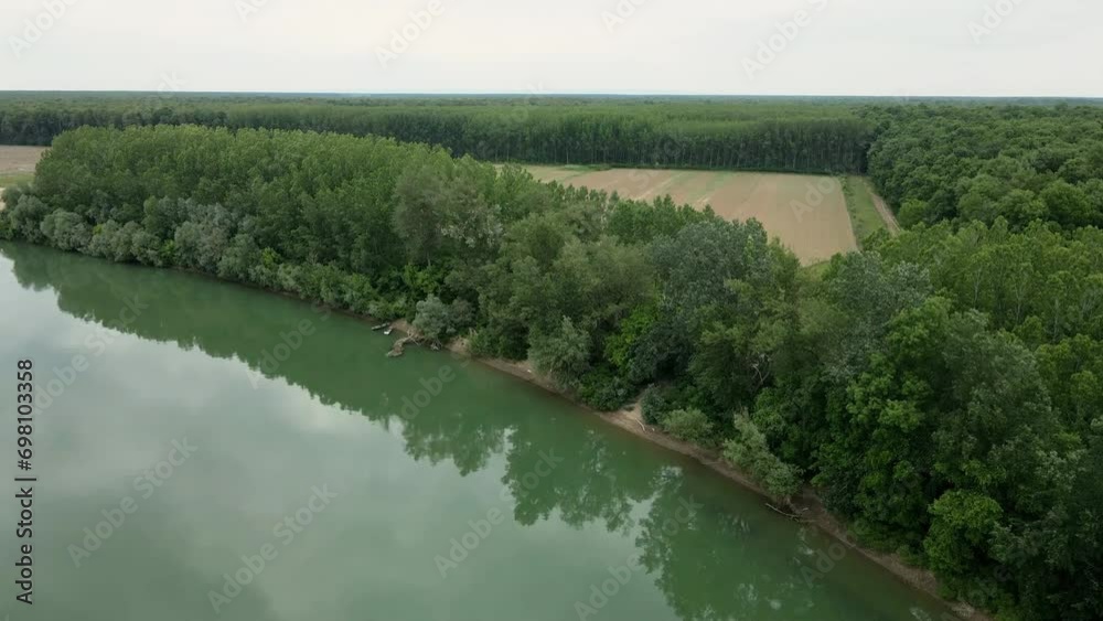 Drone flight above edge of calm water surrounded by trees and bushes Drone flight above edge of calm water surrounded by trees and bushes