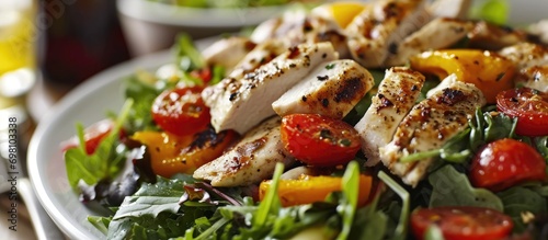 Delicious and healthy chicken salad with roasted veggies and greens.