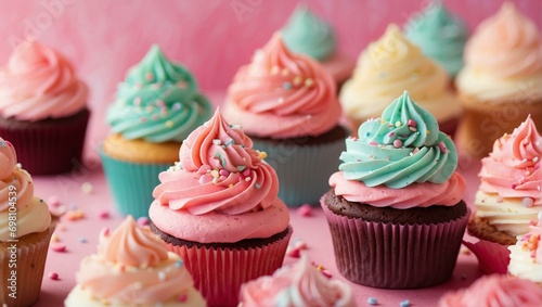  Close-up of a dessert of colorful pastel-colored cupcakes on a pink background.