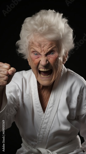 Old woman dressed in martial arts outfit