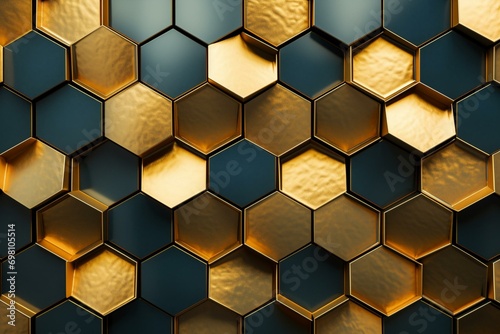 Opulent, extravagant wall with golden, polished hexagonal tiles. The blocks create a luxurious 3D render wallpaper. Generative AI photo