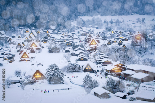Traditional wooden houses of Shirakawa-go in winter, Japan. photo