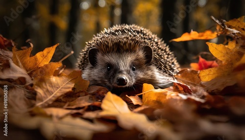 A hedgehog peeking out of autumn leaves. Generated with AI
