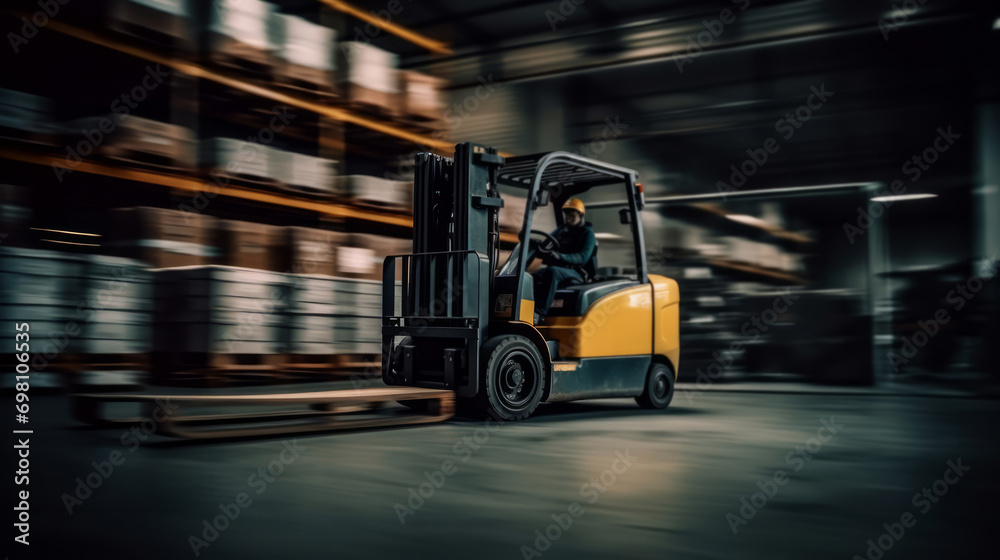 Forklift truck moving in warehouse in blurry motion. Concept of warehouse. The forklift in the big warehouse on blurred background. Delivery concept. Storehouse concept. Box concept. Logistic concept. - obrazy, fototapety, plakaty 