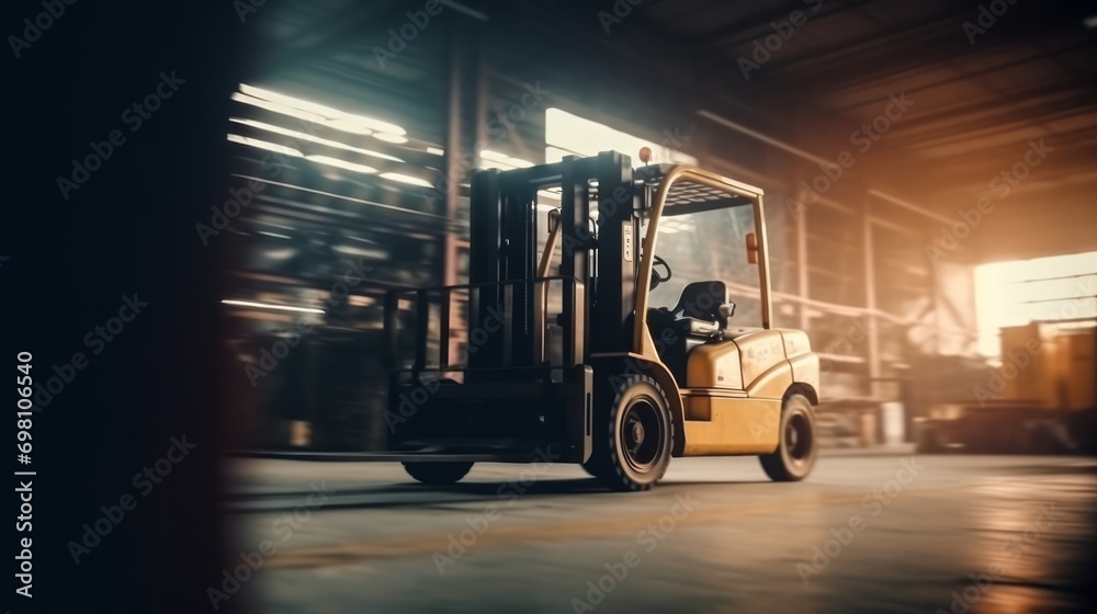Forklift truck moving in warehouse in blurry motion. Concept of warehouse. The forklift in the big warehouse on blurred background. Delivery concept. Storehouse concept. Box concept. Logistic concept.
