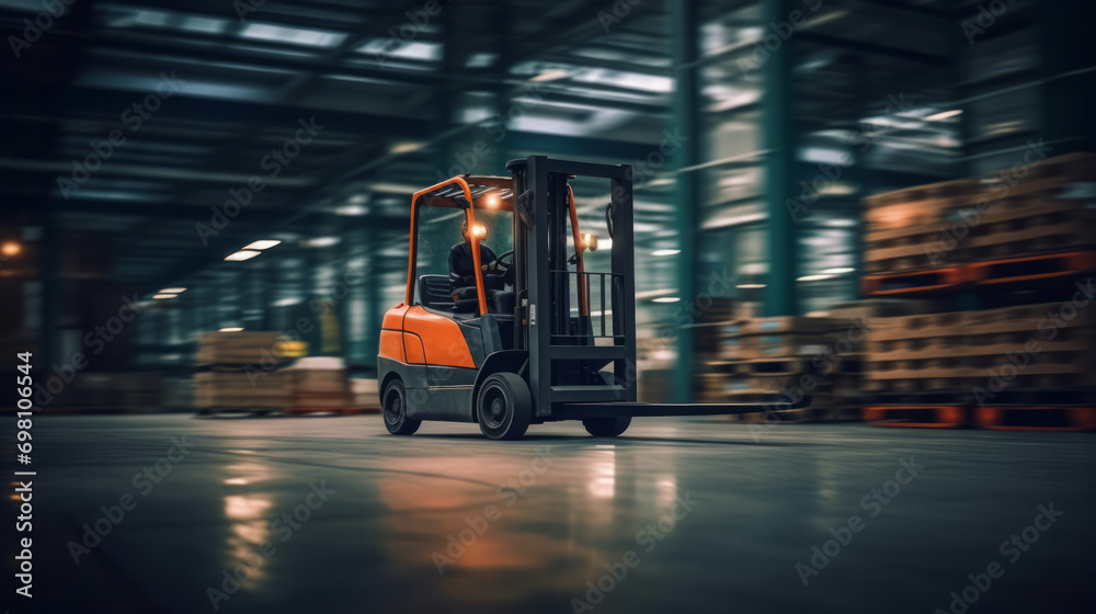 Forklift truck moving in warehouse in blurry motion. Concept of warehouse. The forklift in the big warehouse on blurred background. Delivery concept. Storehouse concept. Box concept. Logistic concept.