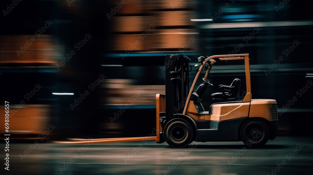Forklift truck moving in warehouse in blurry motion. Concept of warehouse. The forklift in the big warehouse on blurred background. Delivery concept. Storehouse concept. Box concept. Logistic concept. Forklift truck moving in warehouse in blurry motion. Concept of warehouse. The forklift in the big warehouse on blurred background. Delivery concept. Storehouse concept. Box concept. Logistic concept.