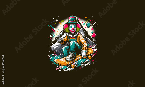 clown playing skateboard on mountain vector artwork design