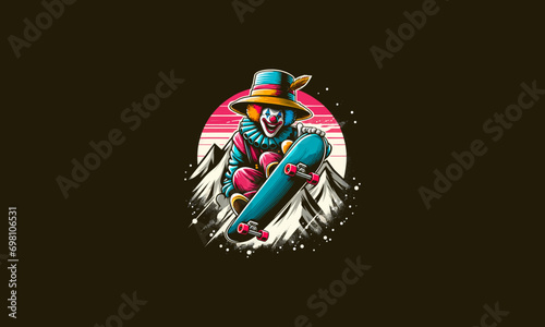 clown playing skateboard on mountain vector artwork design