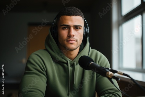 A man host streaming his audio podcast using microphone and laptop at his small broadcast studio, close-up photo