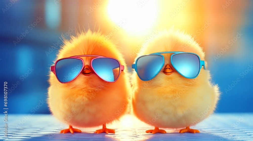 Cute Two little yellow chickens in sunglasses on a bright sunny day, Funny easter concept.
 - obrazy, fototapety, plakaty 