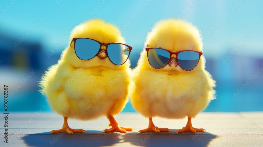 Cute Two little yellow chickens in sunglasses on a bright sunny day, Funny easter concept.
