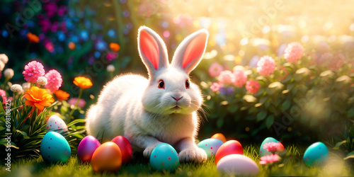 Easter card: cute Easter bunny and Easter eggs on a green blooming lawn © Olena Kuzina