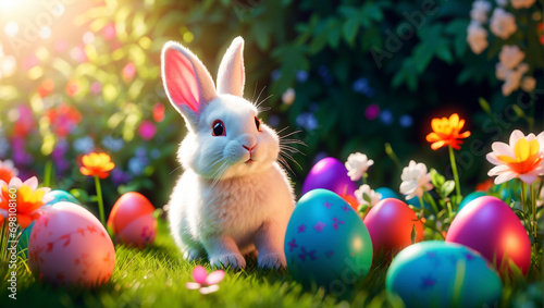 Easter card: cute Easter bunny and Easter eggs on a green blooming lawn