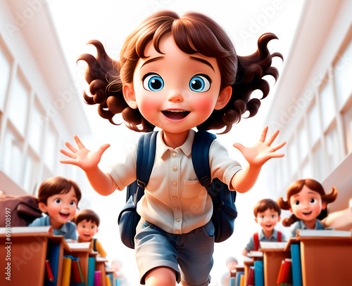 Garotinha correndo com bolsa nas costas, dentro da sala de aula. Arte estilo cartoon 3d de criança voltando às aulas.  photo