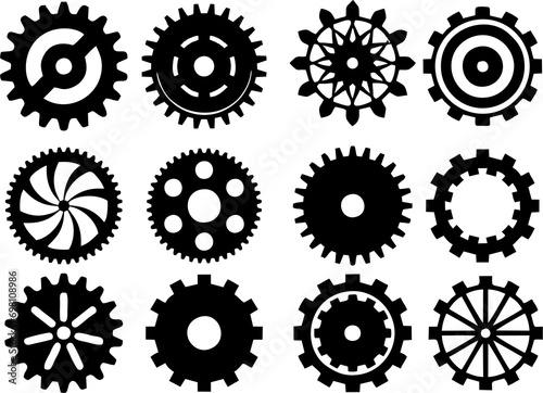 Collection and set of realistic gear and bicycle stars. A profiled wheel with teeth that engages with a chain. Cog set icons on white background. High resolution images for reuse in designing. photo