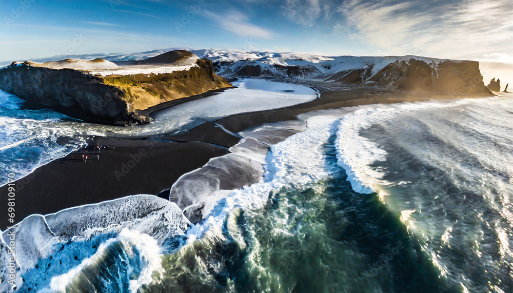 Aerial Capture of Waves Breaking on an Icelandic Black Sand Beach