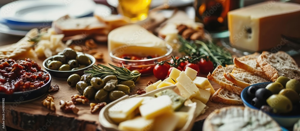 Assorted appetizers, including cheese, olives, nuts, and bread, served with sauce on banquet table.