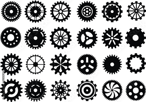 Collection and set of realistic gear and bicycle stars. A profiled wheel with teeth that engages with a chain. Cog set icons on white background. Editable vector, for reuse in designing. eps 10.