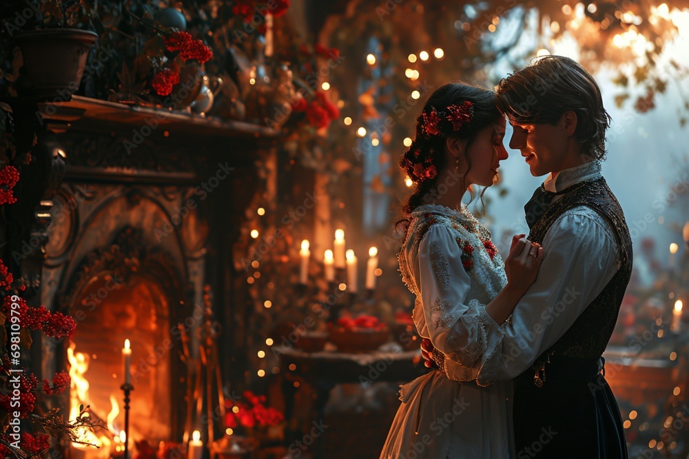 A cozy winter scene with a young dancing couple, waltzing in front of a crackling fireplace adorned with festive decorations.