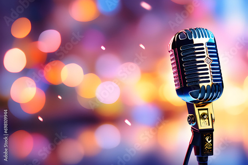 Metal microphone on blurred background with bokeh lights