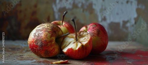 The rotten, disgusting apple is separate from the good ones. photo