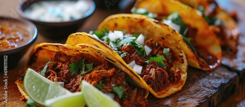 Fiery tacos with meat and cheese for dipping; birria style. photo