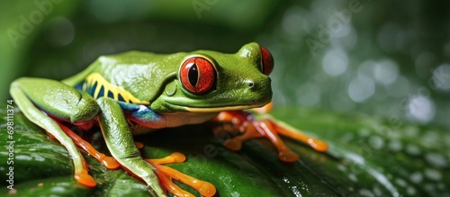 Costa Rican rainforest leaf contains red-eyed frog (Agalychnis callidryas).