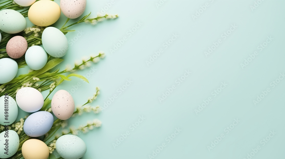 Easter eggs on a blue concrete background, Easter background