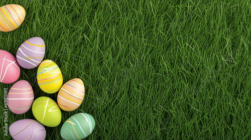 colored Easter eggs on green grass  Easter background