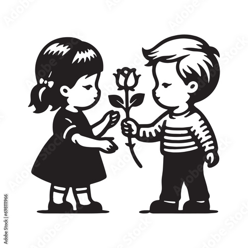 The boy gives the girl a rose. Valentine's Day. Love. Cute engraving black illustration