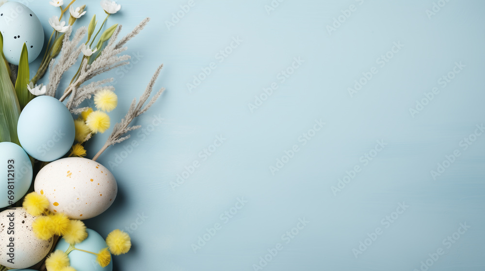 Easter eggs on a blue concrete background, Easter background