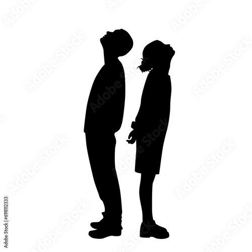 Vector silhouettes of a man and a woman, a couple of business people standing in profile, looking up, black color on a white background