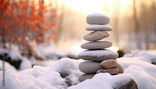 stack of zen stones in the winter forest 