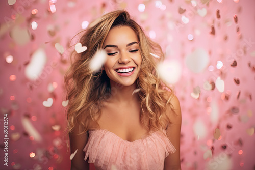 portrait of a happy smiling woman, pink and gold confetti around, Romantic portrait  photo