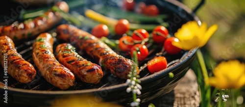 Delicious grilled sausage on a homemade grill during spring. photo