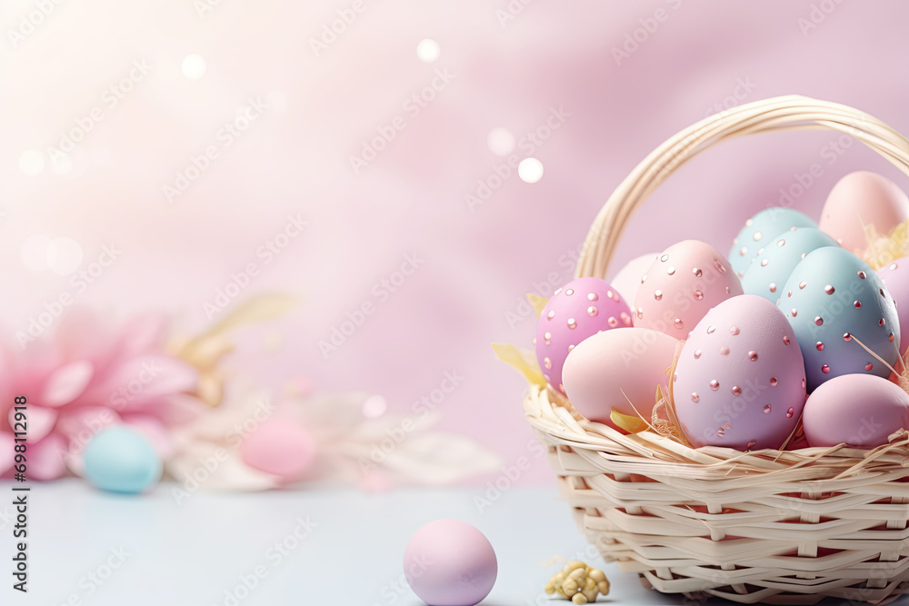 Easter eggs in a basket, Easter banner Easter eggs in a basket, Easter banner