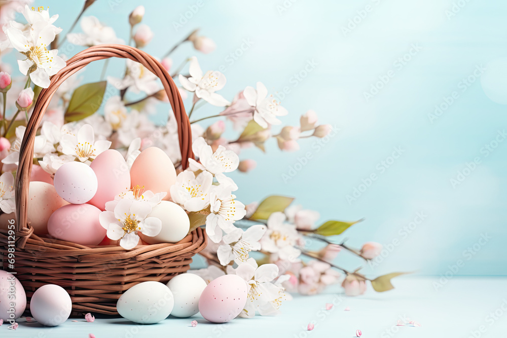 Easter eggs in a basket, Easter banner 