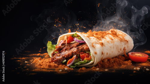 Fresh and hot shawarma doner, featuring a blend of spices and flying ingredients, perfect for vibrant culinary banners and menu displays. photo