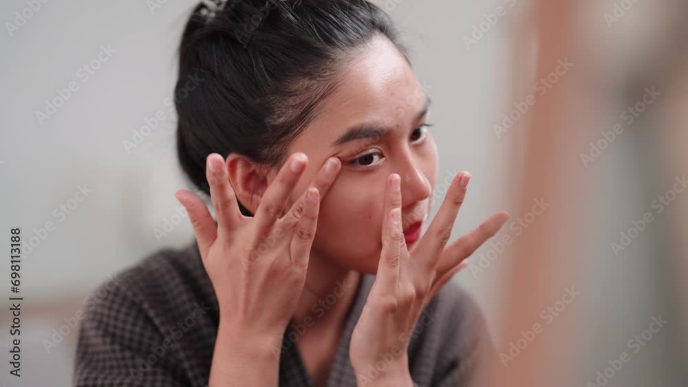 An Asian woman applying face cream to nourish her skin in front of a large mirror after washing and styling at home. Highlight the skincare routine. An Asian woman applying face cream to nourish her skin in front of a large mirror after washing and styling at home. Highlight the skincare routine.
