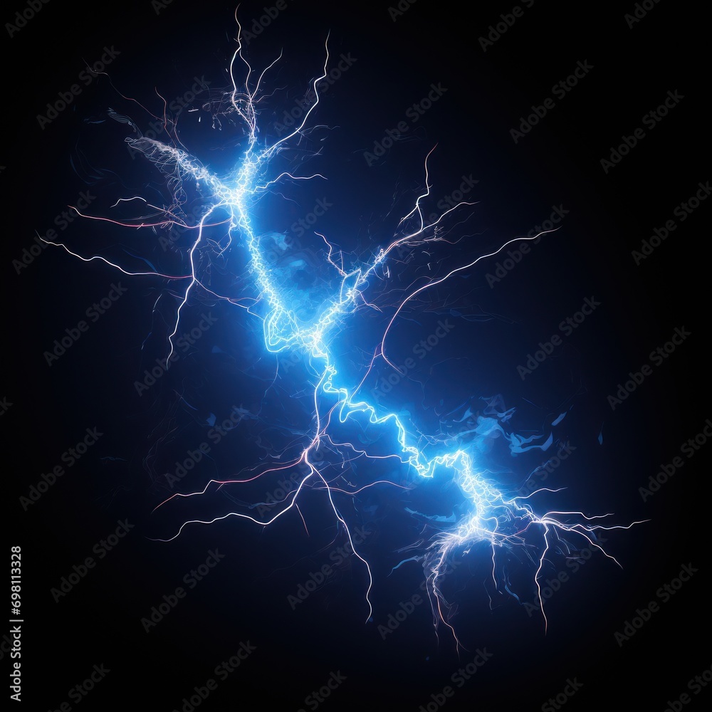 Thunder light with branches isolated in black background, generative ai