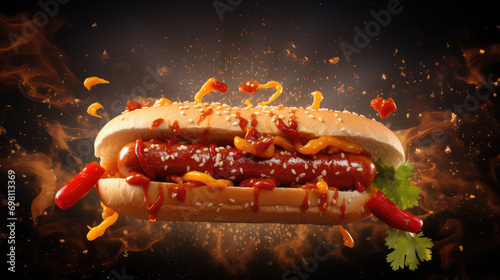 A freshly made hotdog sandwich with spices and ingredients in mid-air, ideal for enticing fast food advertisements and menus. photo