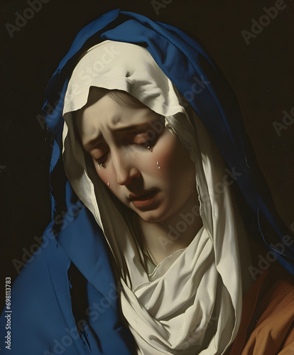 Catholic icon of Virgin Mary with tears. Crying of St. Mary.