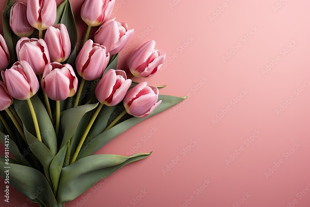 Bouquet of pink tulips on pink background. Greeting card. Mother's day, Valentine's Day, Birthday celebration concept. Copy space for text, top view, generative AI