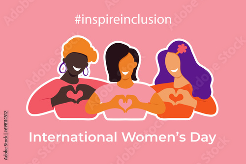 Inspire inclusion social campaign.Smiling women . Heart shaped hand gesture.Vector illustration