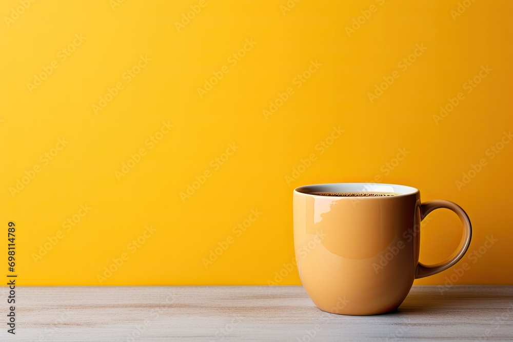Obraz premium Cappuccino cup with a foam pattern on a yellow background. The concept of coffee with a copy space. generative AI
